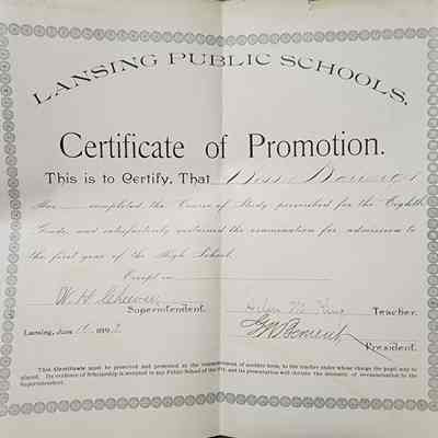 Lansing Public Schools Certificate of Promotion, 1892