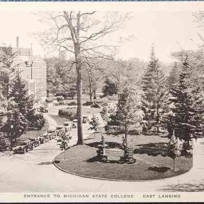 Entrance to Michigan State College, East Lansing, Postcard