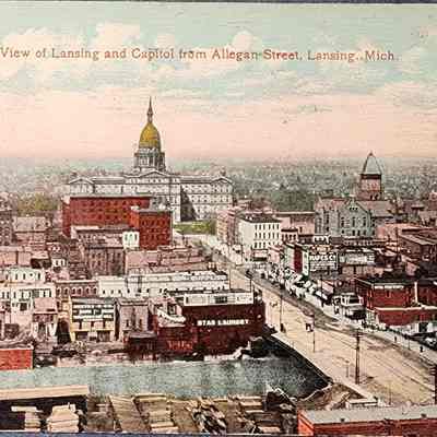 Bird's-eye View of Lansing and Capitol from Allegan Street, Lansing, Mich., Postcard