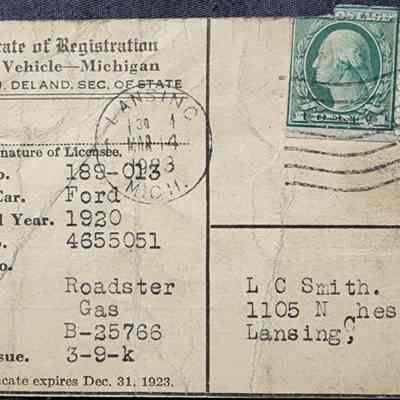 Michigan Vehicle Registration 1923
