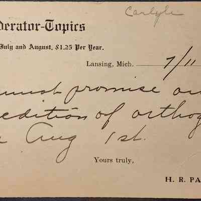 Moderator-Topics, Pattengill, 1910, Postcard to Ferris