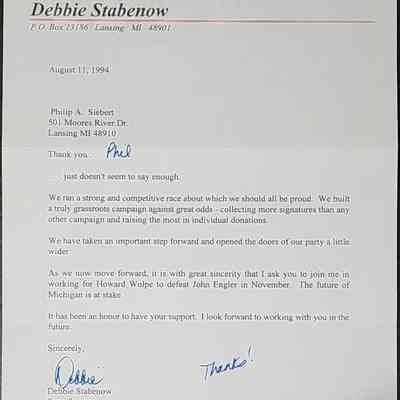 Debbie Stabenow Gubernatorial Campaign Letter, 1994