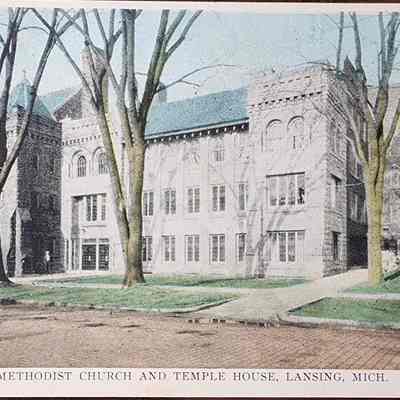Central Methodist Church and Temple House, Lansing, Mich. Postcard