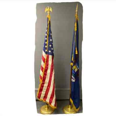 State and American Flags on Poles with Bases