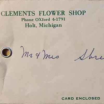 Clements Flower Shop, Holt, Mich., Sympathy Card and Envelope