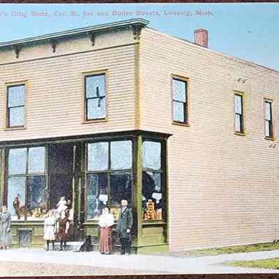 Dr. J. Black's Drug Store, Cor. St. Joe and Butler Streets, Lansing, Mich. Postcard
