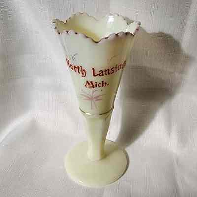 North Lansing Custard Glass Souvenir Vase