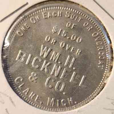 Wm. H. Bicknell, Clare, Mich., Trade Token