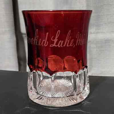 Crooked Lake, Mich., Ruby Flashed Glass Souvenir Cup