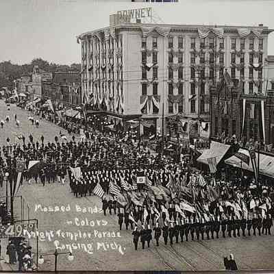 Massed Bands & Colors, Knight Templar Parade, Lansing, Mich. RPPC