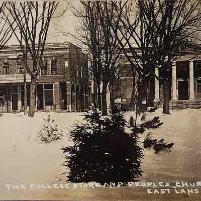 College Store and Peoples Church, M.A.C., East Lansing, RPPC