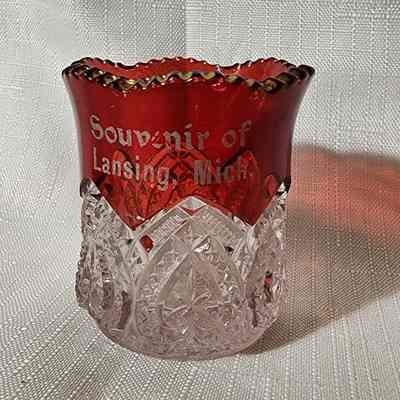 Lansing, Mich., Ruby Flashed Glass Souvenir Toothpick Holder