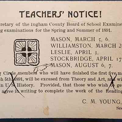 Ingham County Board of School Examiners 1891 Teachers' Notice Postcard