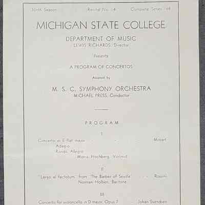 MSC Department of Music Recital Program, 1936