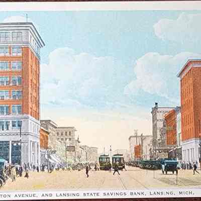 Washington Avenue, and Lansing State Savings Bank, Lansing, Mich. Postcard