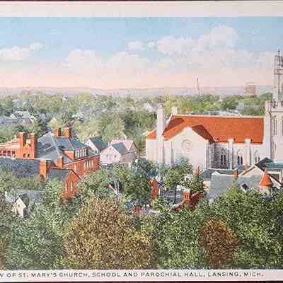 Bird's Eye View of St. Mary's Church, School and Parochial Hall, Lansing, Mich. Postcard
