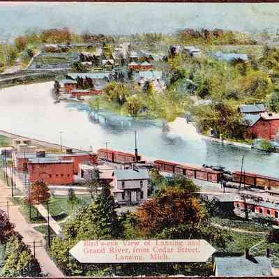 Bird's-eye View of Lansing and Grand River, from Cedar Street, Lansing, Mich. Postcard