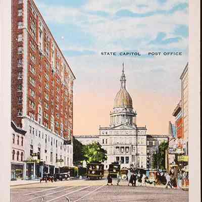 Corner of Michigan and Washington, Lansing, Mich. Postcard