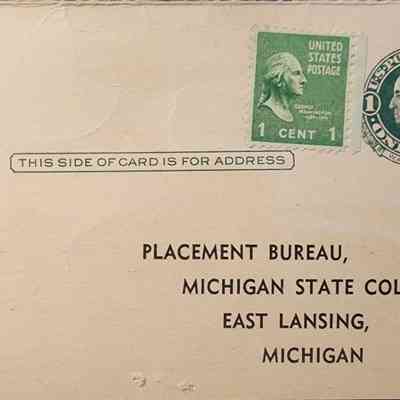 Placement Bureau, Michigan State College, East Lansing, Michigan, Postcard Form