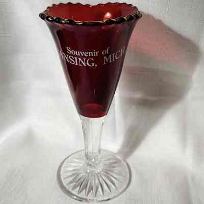 Lansing, Mich., Ruby Flashed Glass Souvenir Vase