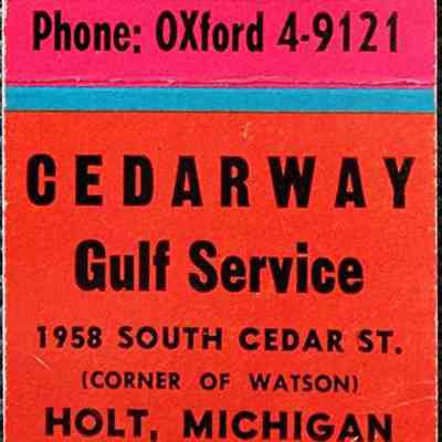 Cedarway Gulf Service, Holt, Michigan Matchbook Cover
