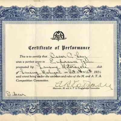 Endurance Run Certificate, 1924, Oscar Lenz