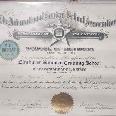 Elmhurst Summer Training School of Methods, 1921 Certificate
