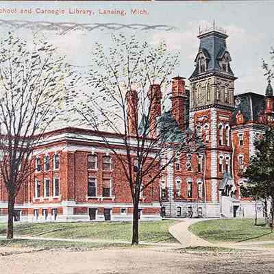 High School and Carnegie Library, Lansing, Mich. Postcard