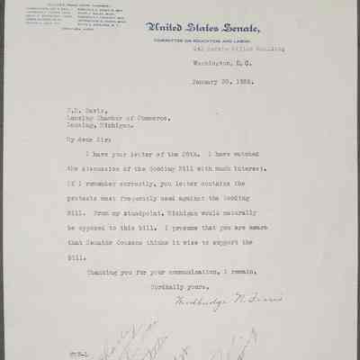 Woodbridge N. Ferris, United State Senate, Signed Letter