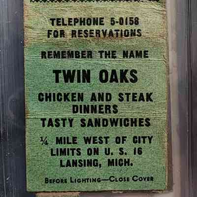 Twin Oaks Chicken and Steak Dinners, Lansing, Mich. Matchbook
