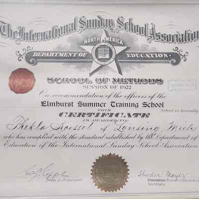 Elmhurst Summer Training School of Methods, 1922, Certificate