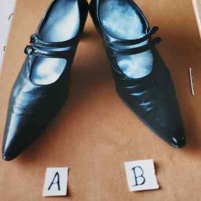 Black Leather with Two Straps Over the Insteps - 2 Buttons; Pointed Toe