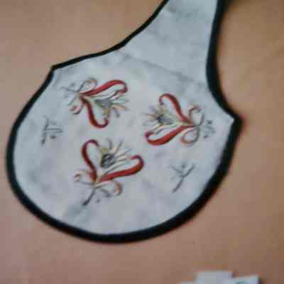 Tan Linen Bag - Red Embroidery Design on Front Bound in Brown Tape