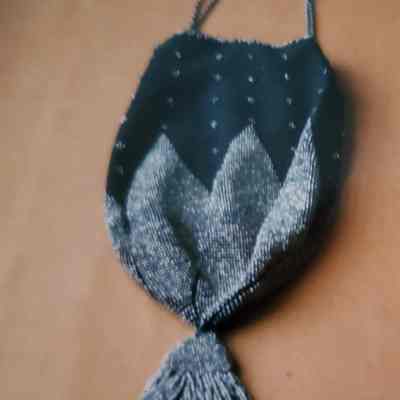 Black Wool Knit Bag - Upper Half with Silver Colred Cut Steel Beads in Diamond Pattern