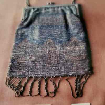 Beaded Grey and Gold Bag with Metal Frame with Double Chain Handle and Inside Pocket with Mirror