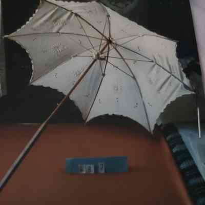 Parasol - Wooden handle with a Cover of White Linen Embroidered with Floral Motifs