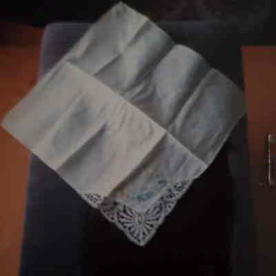 White Linen Handkerchief Not Handmade with Machine Done Floral Embroidery