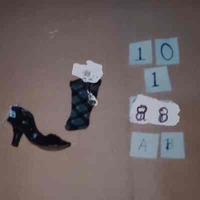 One Doll's Black, Ankle Strap Shoe; One Green Black and Gold Argyle Patterned Stocking