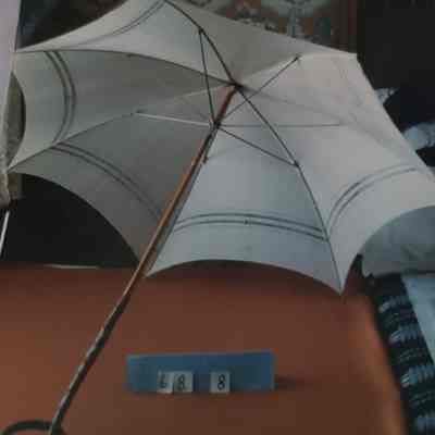 Parasol - Cover of Sheer White Fabric with a Natural Wood Handle with Knots and Ending in a Twist