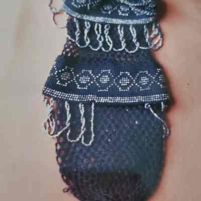 Black Crocheted Evening Bag with Steel Beads Sewn in a Hexagon Design with Cut Steel Loops