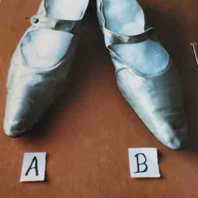 Grey/Green Satin Shoes with Strap Over Instep, Turquoise Color Button Closure