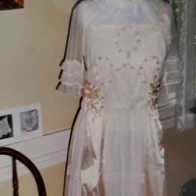 Cream Color Full Length Dress - Slip Net and Satin, Silk Taffeta Bow