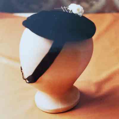 Child's Small Black Velvet Pancake Style Hat with White Silk Flowers