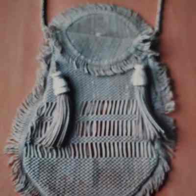 Hand Crocheted Linen (Tea-Colored) Bag, 2 Fringe Tassels, Button Closure, Cord Handle