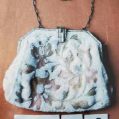 4" X 5" White Beaded Bag with Brass Fittings & Chain and Floral Pattern in Chain Stitch on Front