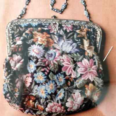 Cotton Petit Point Multicolored Floral Bag with Silvered Metal Frame and Chain