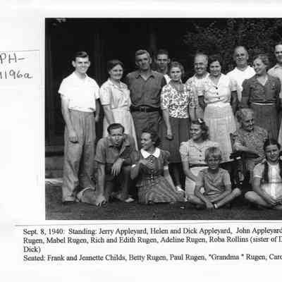 PH-1196a- Group photo of Rugen Family Sept 1940: Jerry Appleyard, Helen and Dick Appleyard, John Appleyard (nephew of Dick), Lillian and Fred Rugen, Nora and Ed Rugen, Mabel Rugen, Rich and Edith Rugen, Adeline Rugen, Roba Rollins (sister of Dick), Sophie and Frank Rugen, Maud Appleyard (sister of Dick). Frank and Jeanette Childs, Betty Rugen, Paul Rugen, "Grandma" Rugen, Carol Rugen, Jim Rugen, David Rugen, Frances Rugen