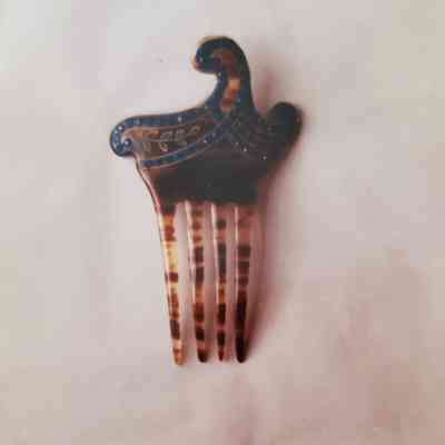 Hair Comb Made of Tortoise Shell with Decorative Blue Top