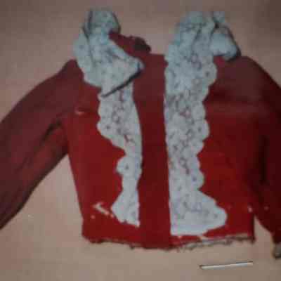 Red Jacket with Lace Trim Down Center Front and on Sleeve Cuffs - Button Closure at Back