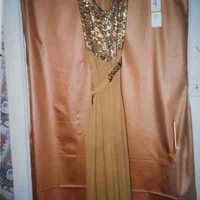 Full Length Gold Evening Dress. Hand Sewn Gold Sequin Bodice
